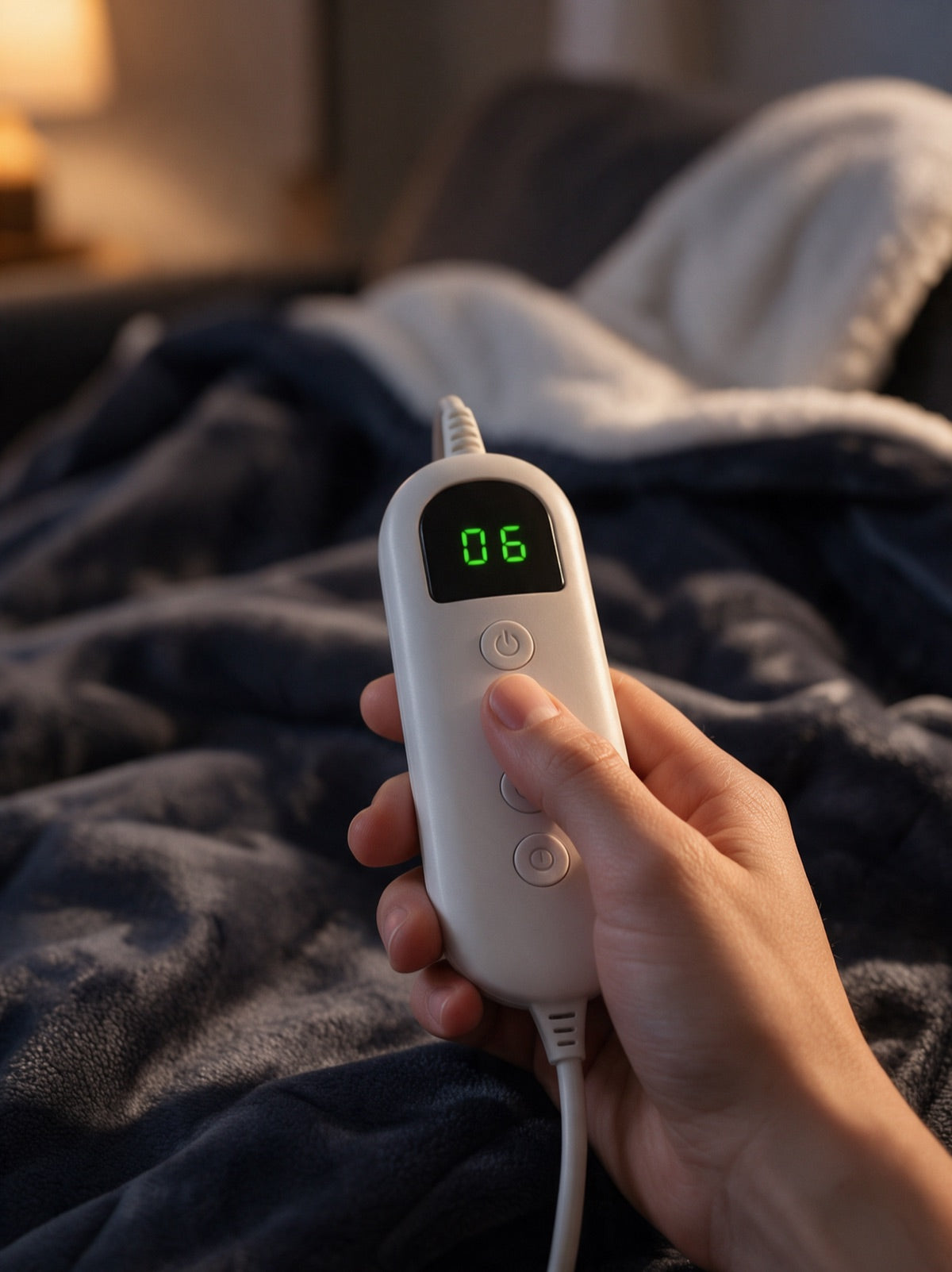Hand holding the Cozella Heated Throw controller showing the heat level readout