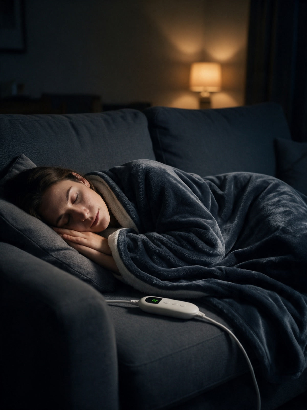 Woman asleep under the Cozella Heated Throw with the controller beside her