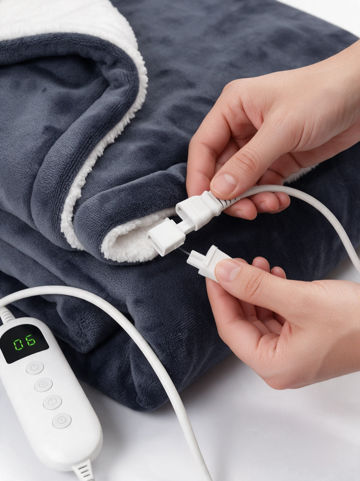 Hands unplugging the detachable controller from the Cozella Heated Throw
