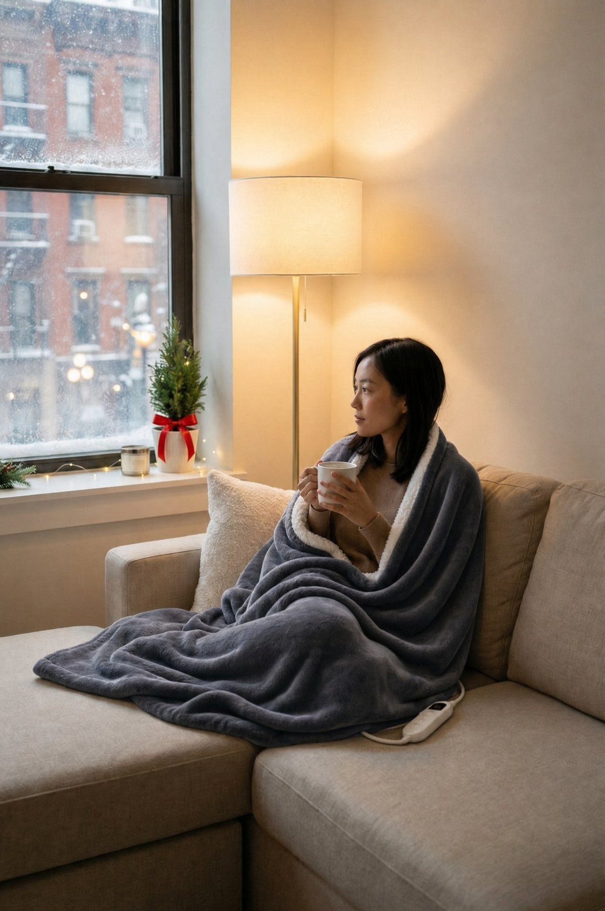 Cozella Heated Throw in use on a sofa by a winter window, controller in reach