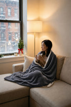 Cozella Heated Throw in use on a sofa by a winter window, controller in reach