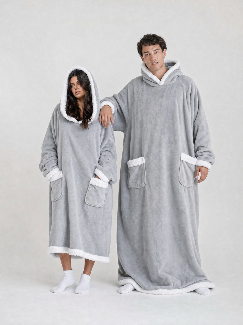 Both lengths of the Light Grey robe shown together