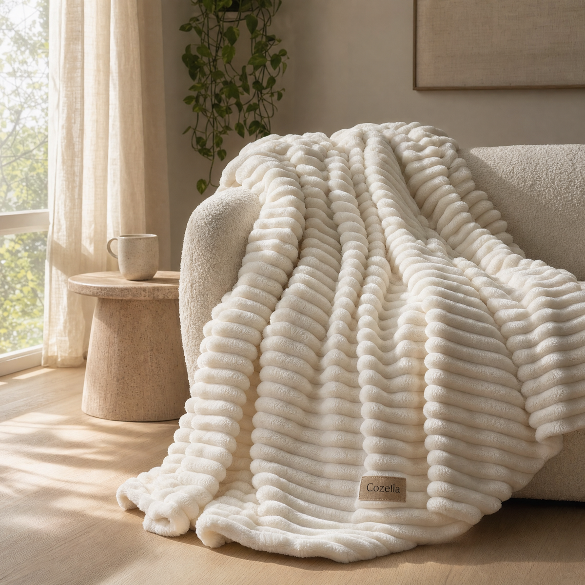 Cozella throw draped over a boucle armchair
