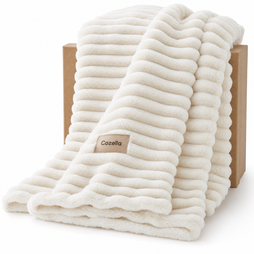 Cozella Ribbed Plush Throw in Ivory on a white studio background