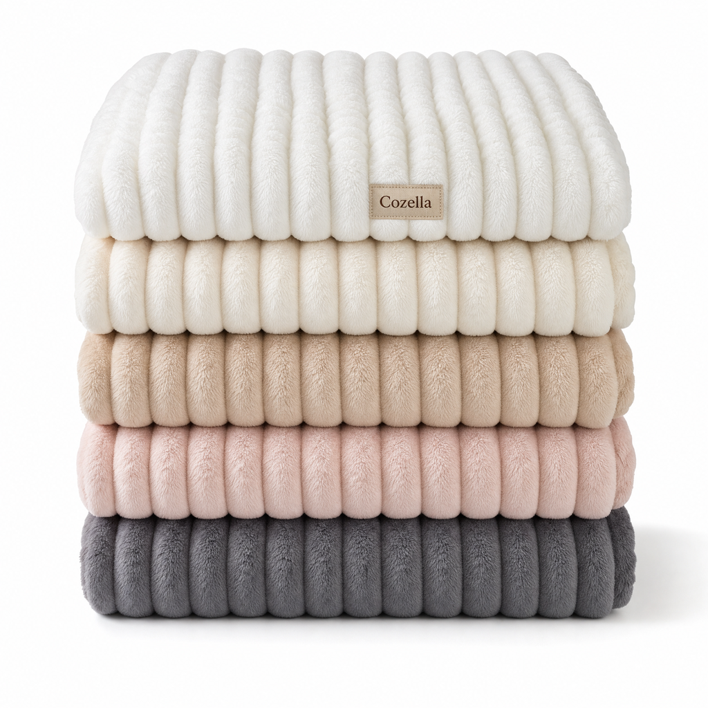 All five Cozella throw colours folded and stacked