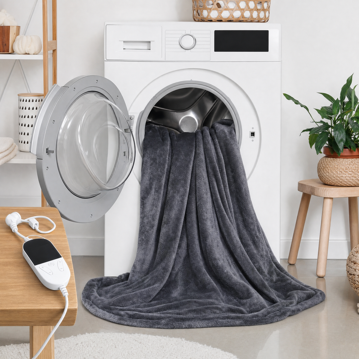 Heated throw going into a washing machine with the controller detached