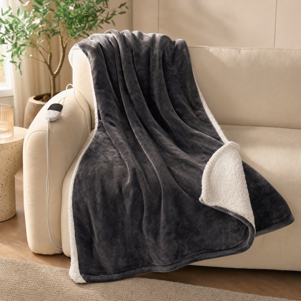Cozella Heated Throw draped over a sofa
