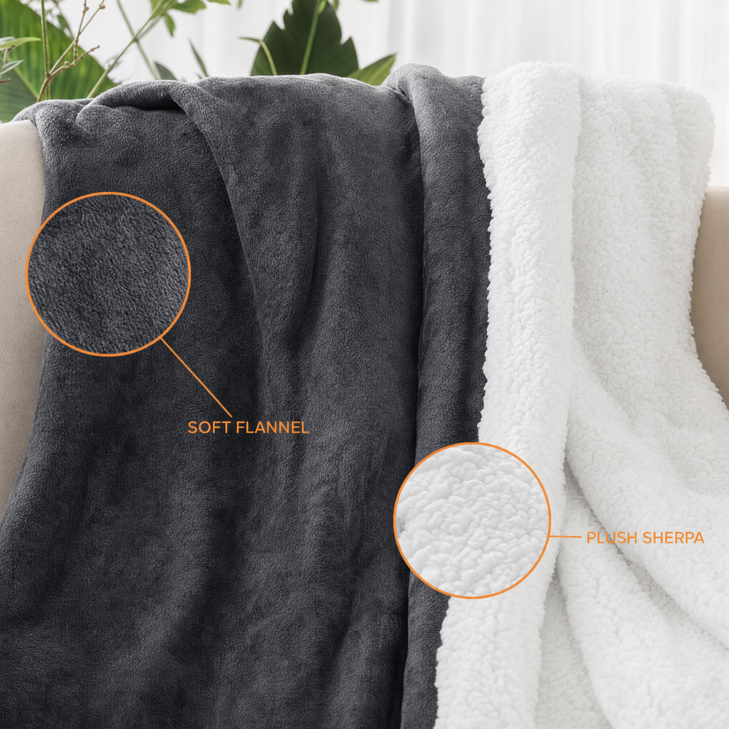 Soft flannel face and plush sherpa reverse shown side by side