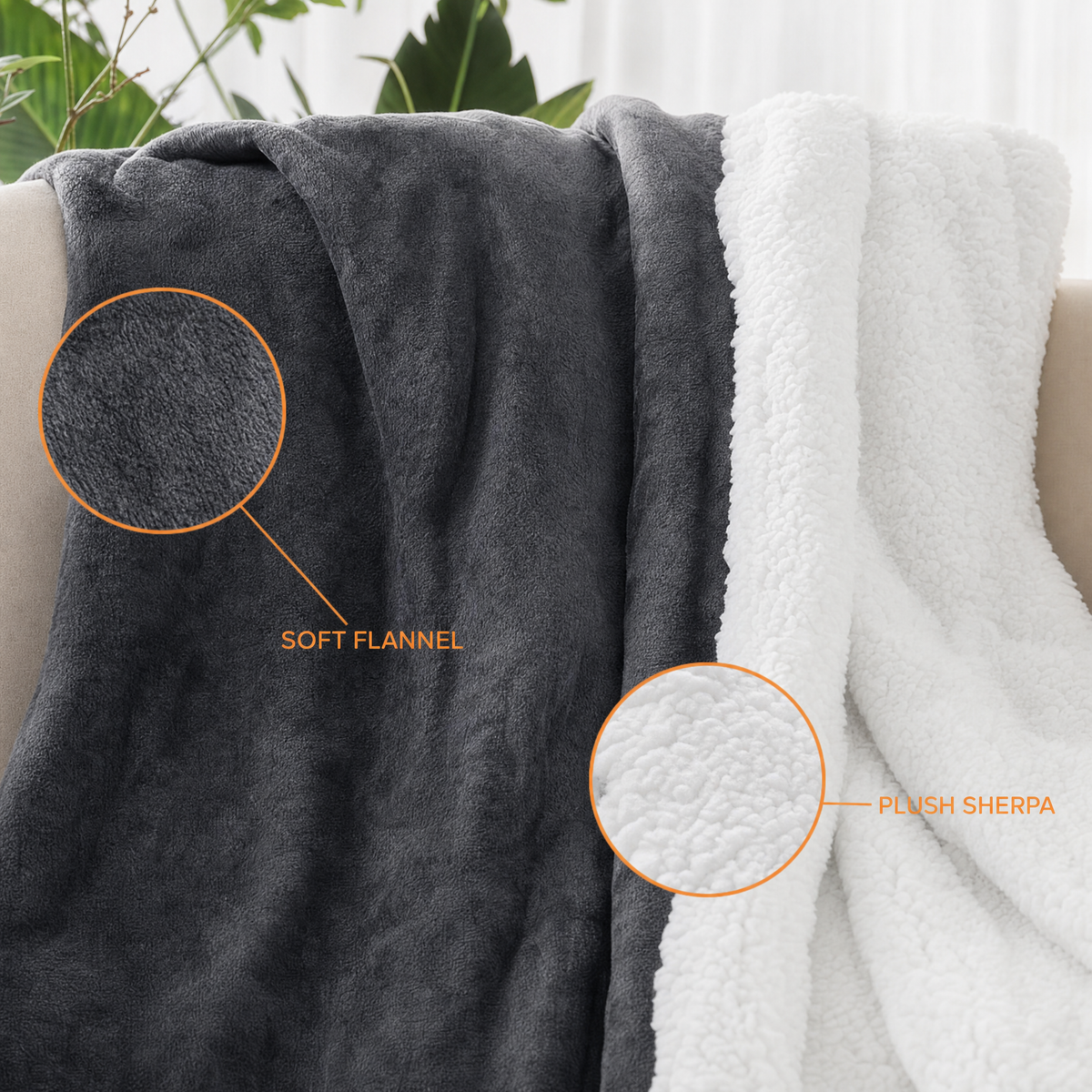 Soft flannel face and plush sherpa reverse shown side by side