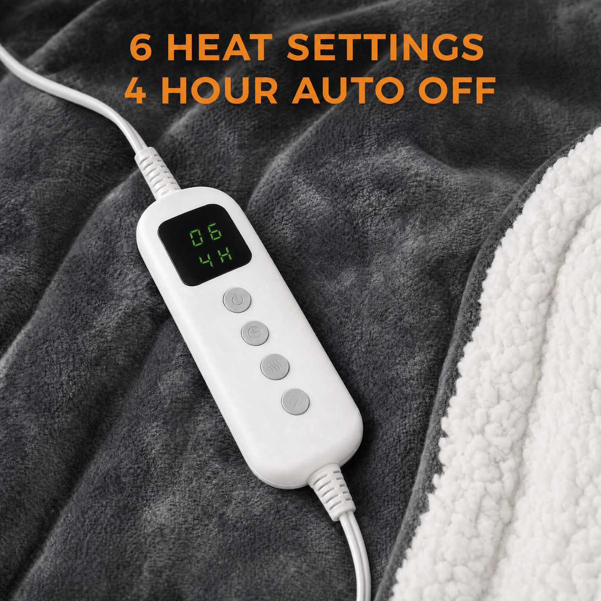 Controller close up showing six heat settings and four hour auto off