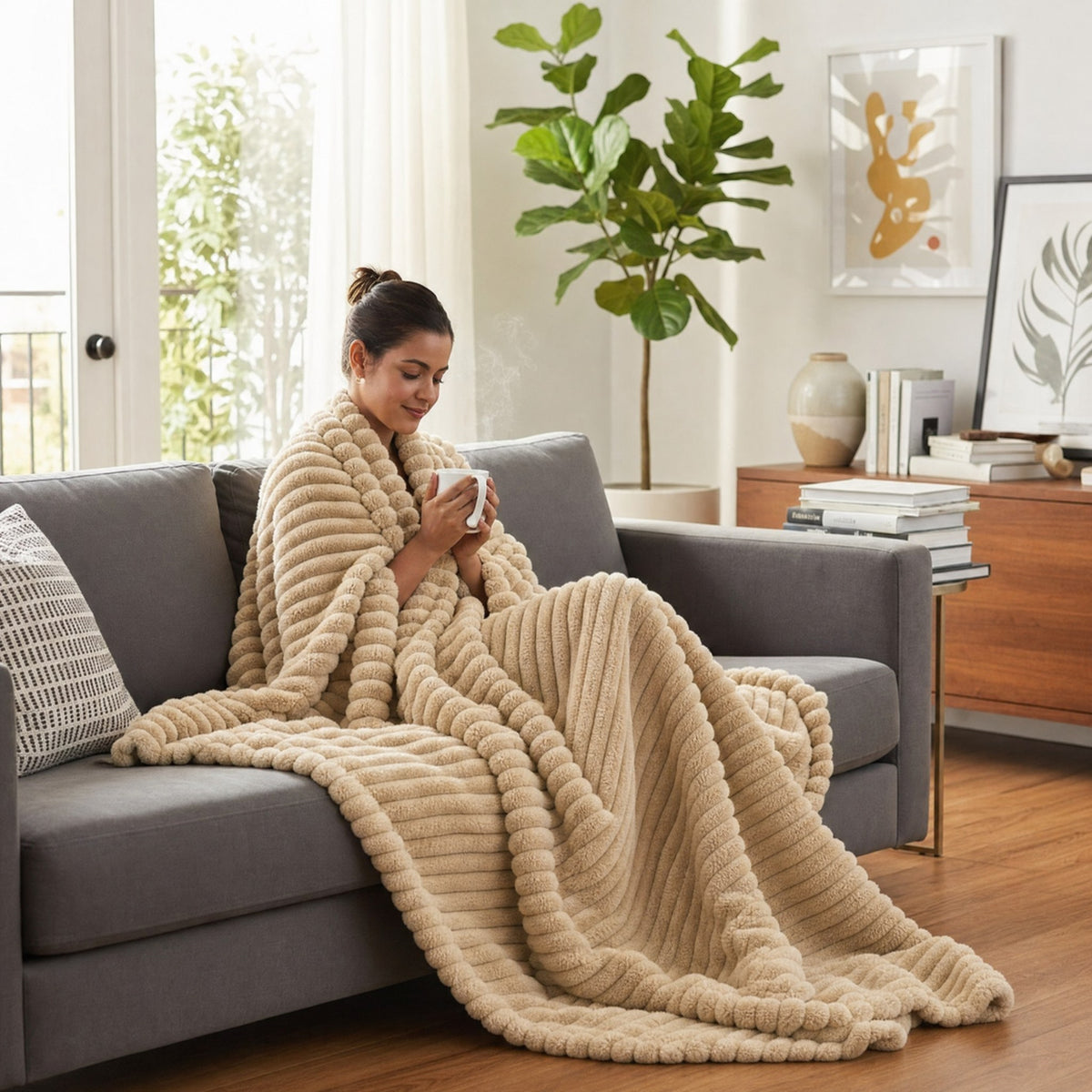 Cozella Ribbed Plush Throw in Camel on a living room sofa